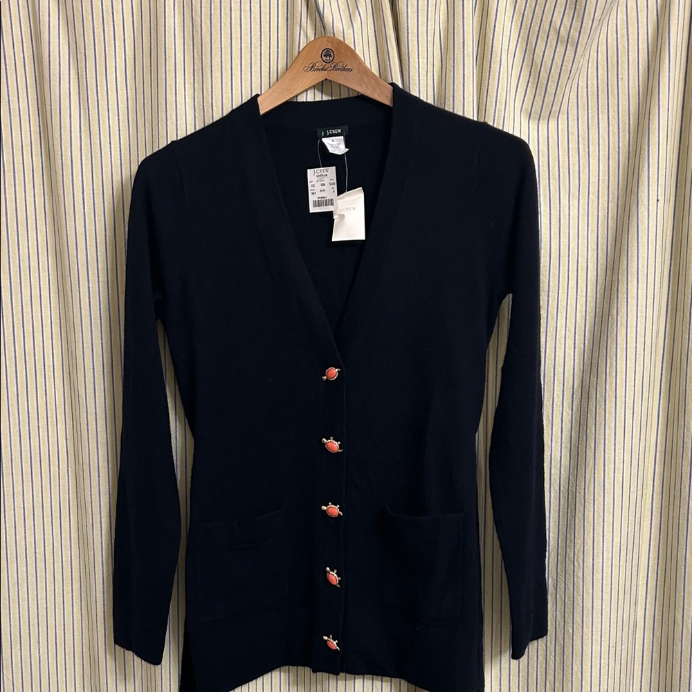 Unique J. Crew Navy Cardigan with gold and cabochon turtle buttons and diamonds.